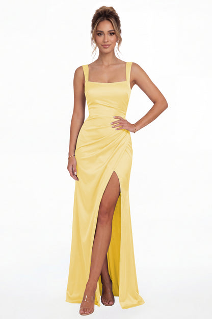 Yellow Square Neck Ruched Satin Slit Maxi Gown - Front View
