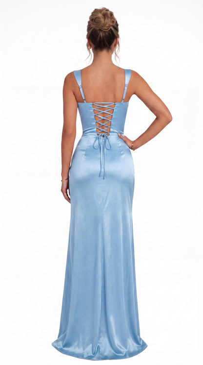 Square Neck Ruched Satin Slit Maxi Gown - Back View