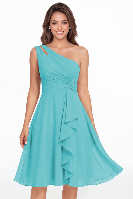 Aqua Blue One Shoulder Chiffon Ruched Ruffle Midi Dress - Front View