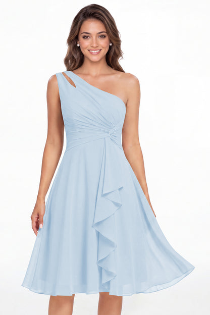 Baby Blue One Shoulder Chiffon Ruched Ruffle Midi Dress - Front View