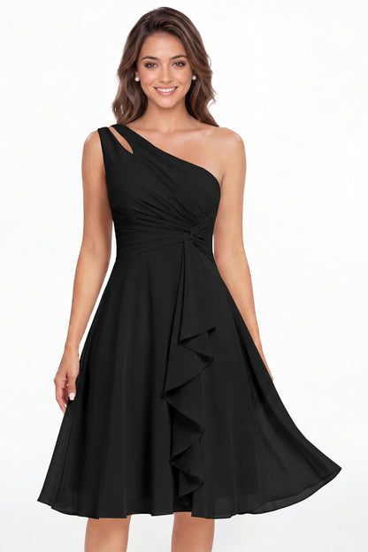 Black One Shoulder Chiffon Ruched Ruffle Midi Dress - Front View