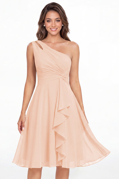 Blush Pink One Shoulder Chiffon Ruched Ruffle Midi Dress - Front View