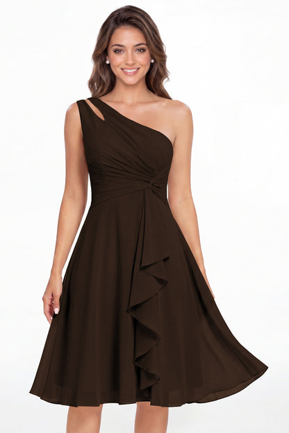 Brown One Shoulder Chiffon Ruched Ruffle Midi Dress - Front View