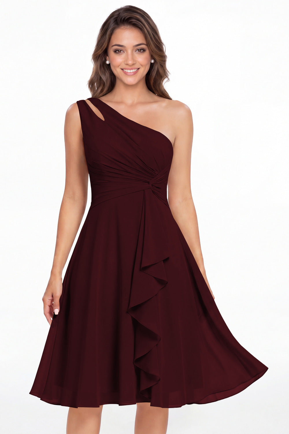 Burgundy One Shoulder Chiffon Ruched Ruffle Midi Dress - Front View