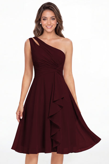 Burgundy One Shoulder Chiffon Ruched Ruffle Midi Dress - Front View