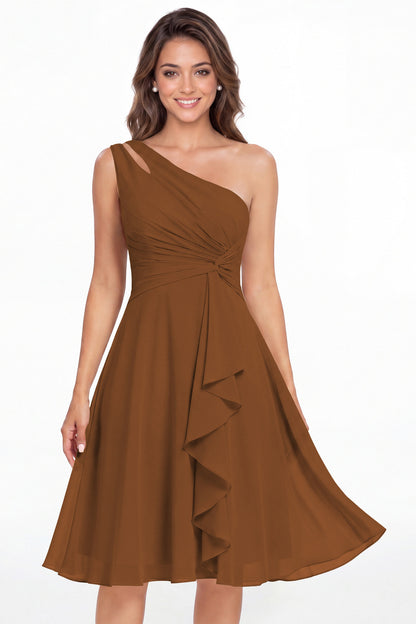 Burnt Orange One Shoulder Chiffon Ruched Ruffle Midi Dress - Front View