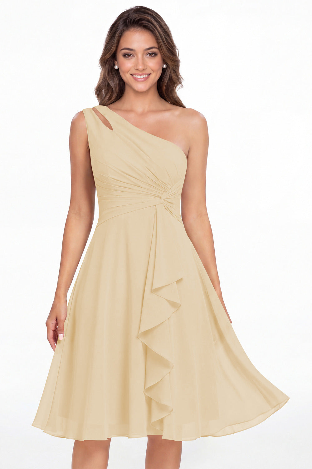 Champagne One Shoulder Chiffon Ruched Ruffle Midi Dress - Front View