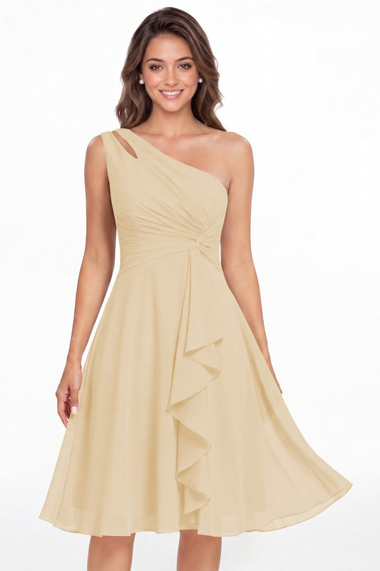 Champagne One Shoulder Chiffon Ruched Ruffle Midi Dress - Front View