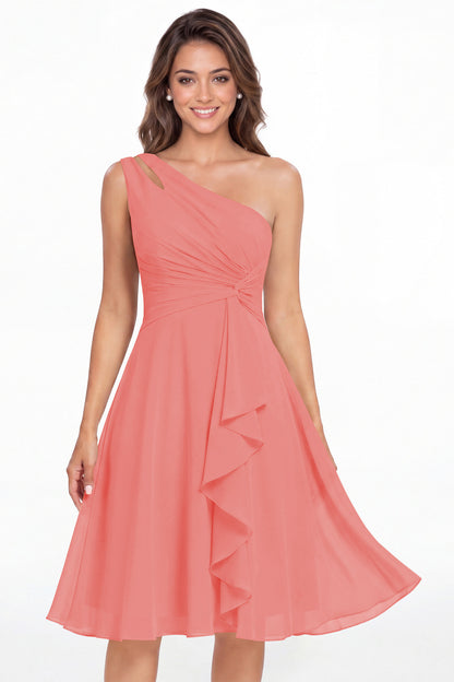 Coral One Shoulder Chiffon Ruched Ruffle Midi Dress - Front View