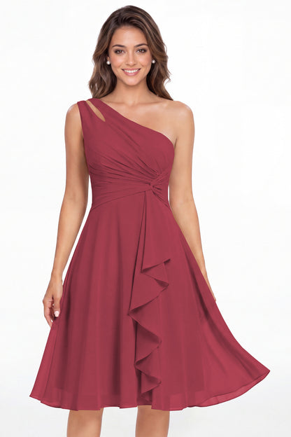 Desert Rose One Shoulder Chiffon Ruched Ruffle Midi Dress - Front View