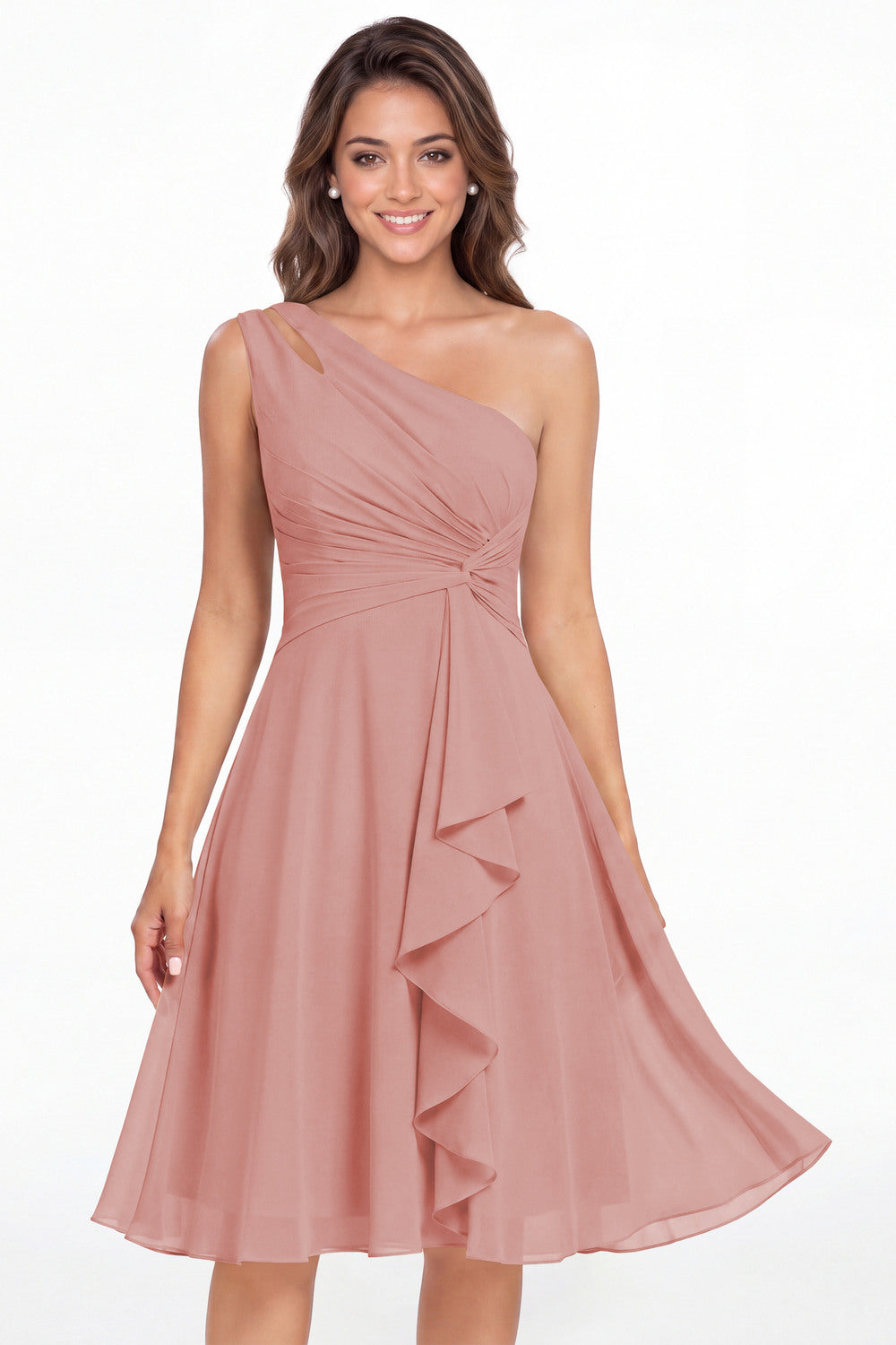 Dusty Rose One Shoulder Chiffon Ruched Ruffle Midi Dress - Front View