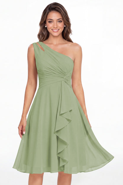 Dusty Sage One Shoulder Chiffon Ruched Ruffle Midi Dress - Front View