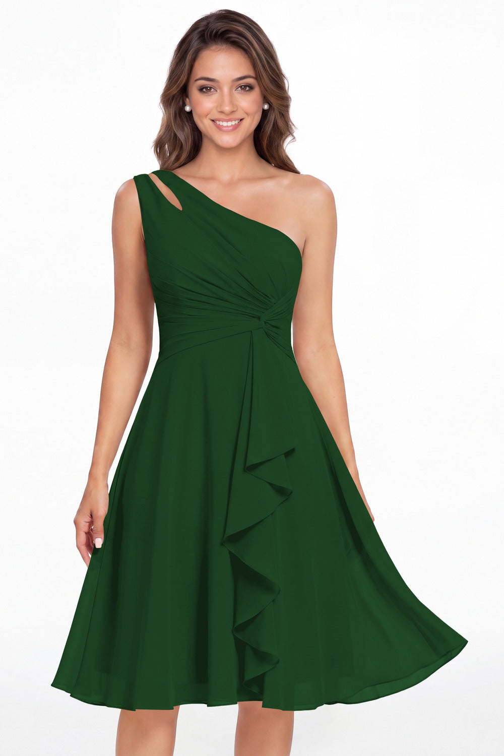 Emerald Green One Shoulder Chiffon Ruched Ruffle Midi Dress - Front View