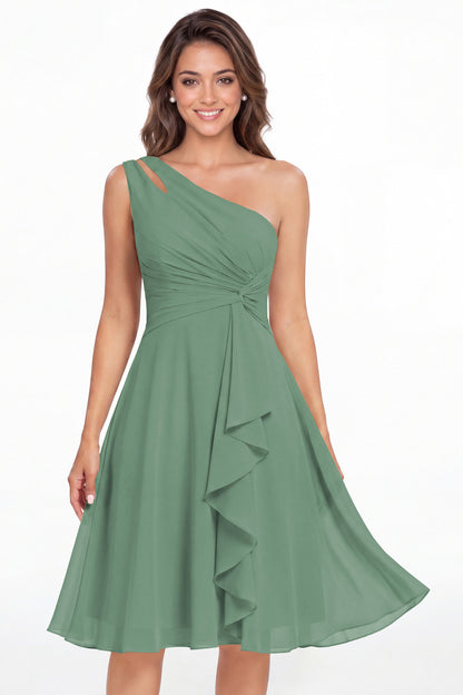 Eucalyptus One Shoulder Chiffon Ruched Ruffle Midi Dress - Front View