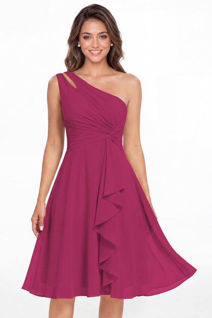 Fuchsia One Shoulder Chiffon Ruched Ruffle Midi Dress - Front View