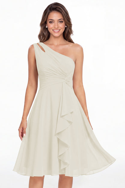 Ivory One Shoulder Chiffon Ruched Ruffle Midi Dress - Front View