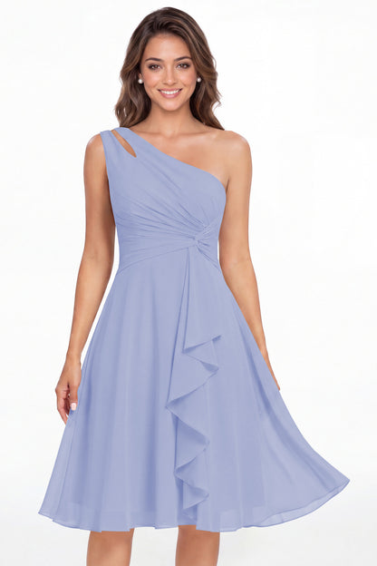 Lavender One Shoulder Chiffon Ruched Ruffle Midi Dress - Front View