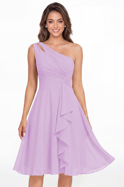 Lilac One Shoulder Chiffon Ruched Ruffle Midi Dress - Front View