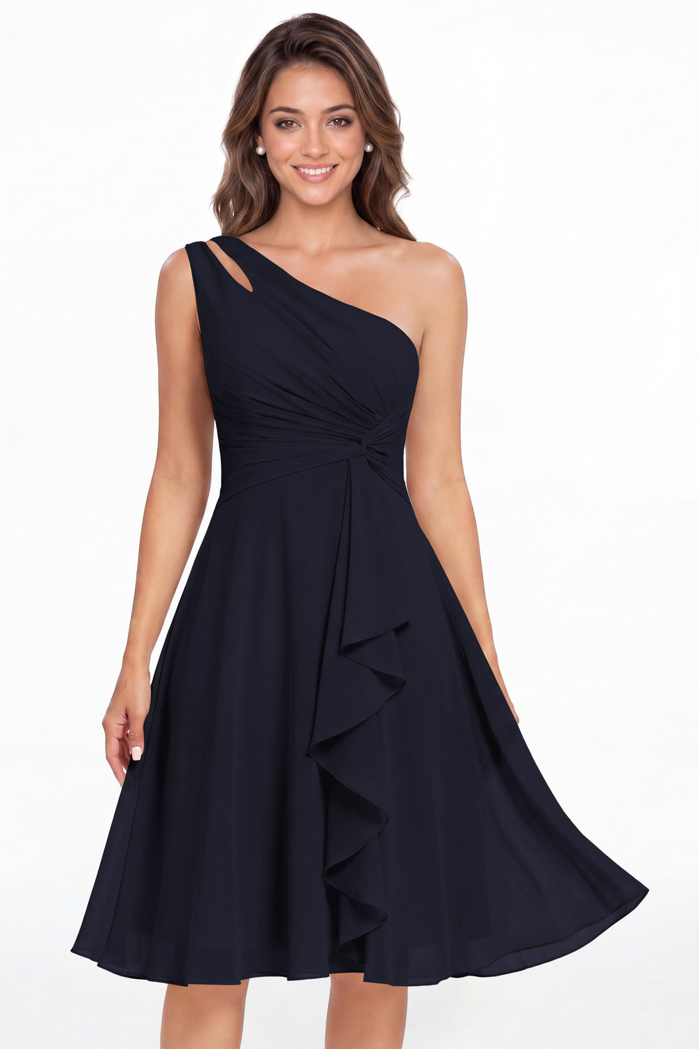 Navy Blue One Shoulder Chiffon Ruched Ruffle Midi Dress - Front View