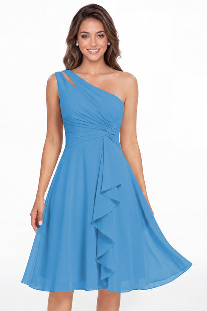 Ocean Blue One Shoulder Chiffon Ruched Ruffle Midi Dress - Front View