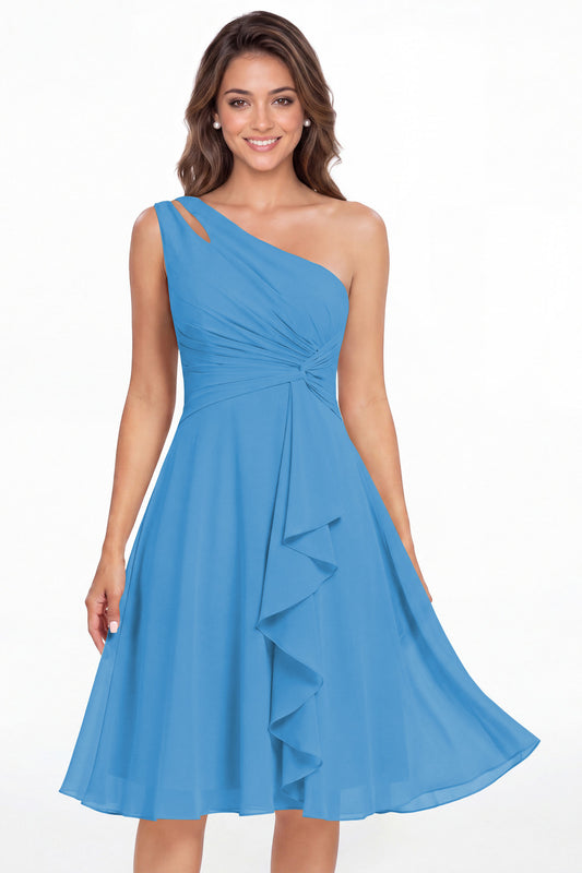 Ocean Blue One Shoulder Chiffon Ruched Ruffle Midi Dress - Front View