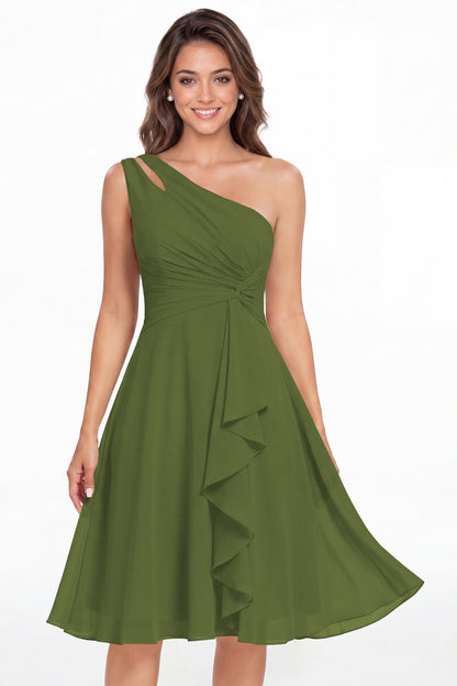 Olive Green One Shoulder Chiffon Ruched Ruffle Midi Dress - Front View
