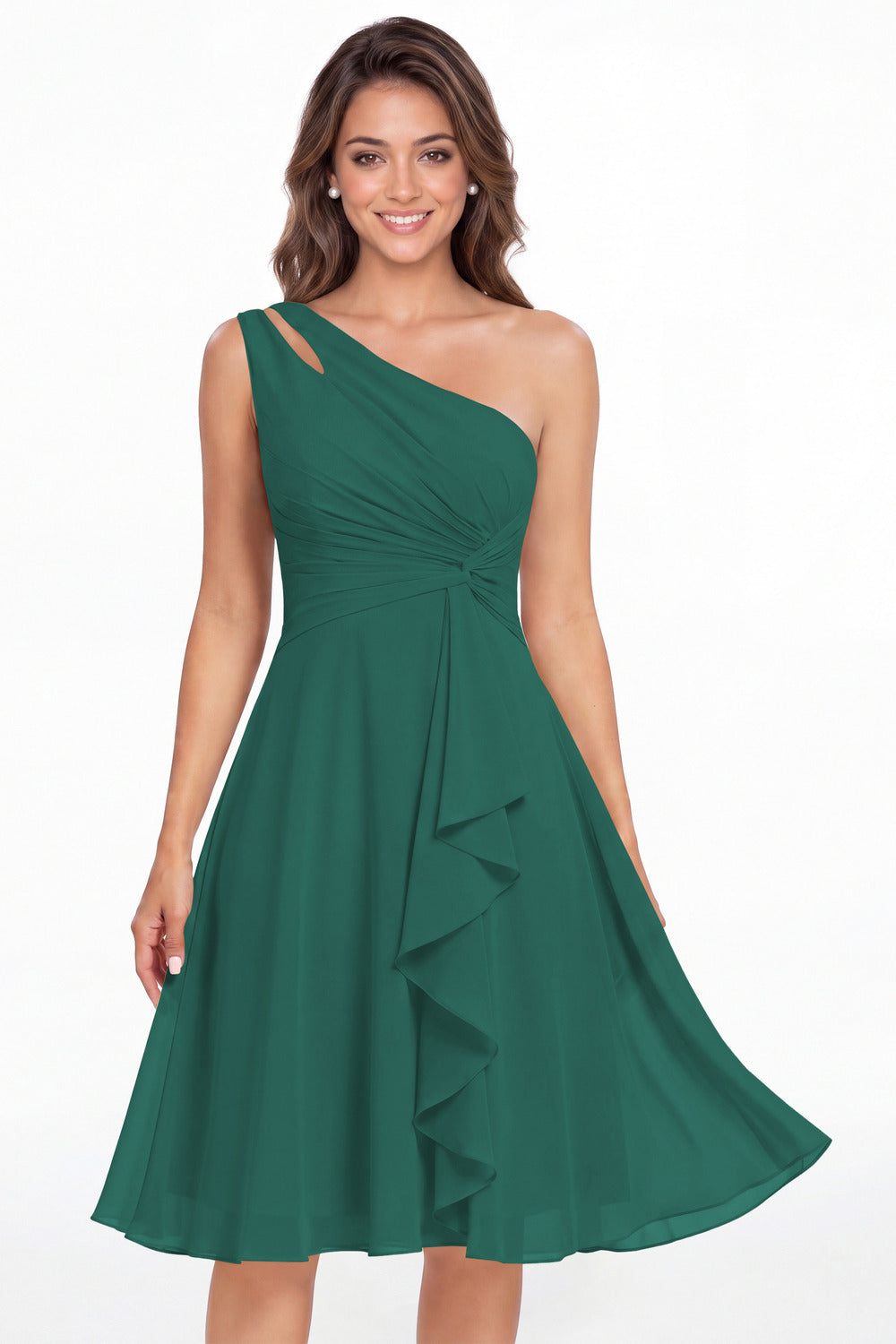 Peacock One Shoulder Chiffon Ruched Ruffle Midi Dress - Front View