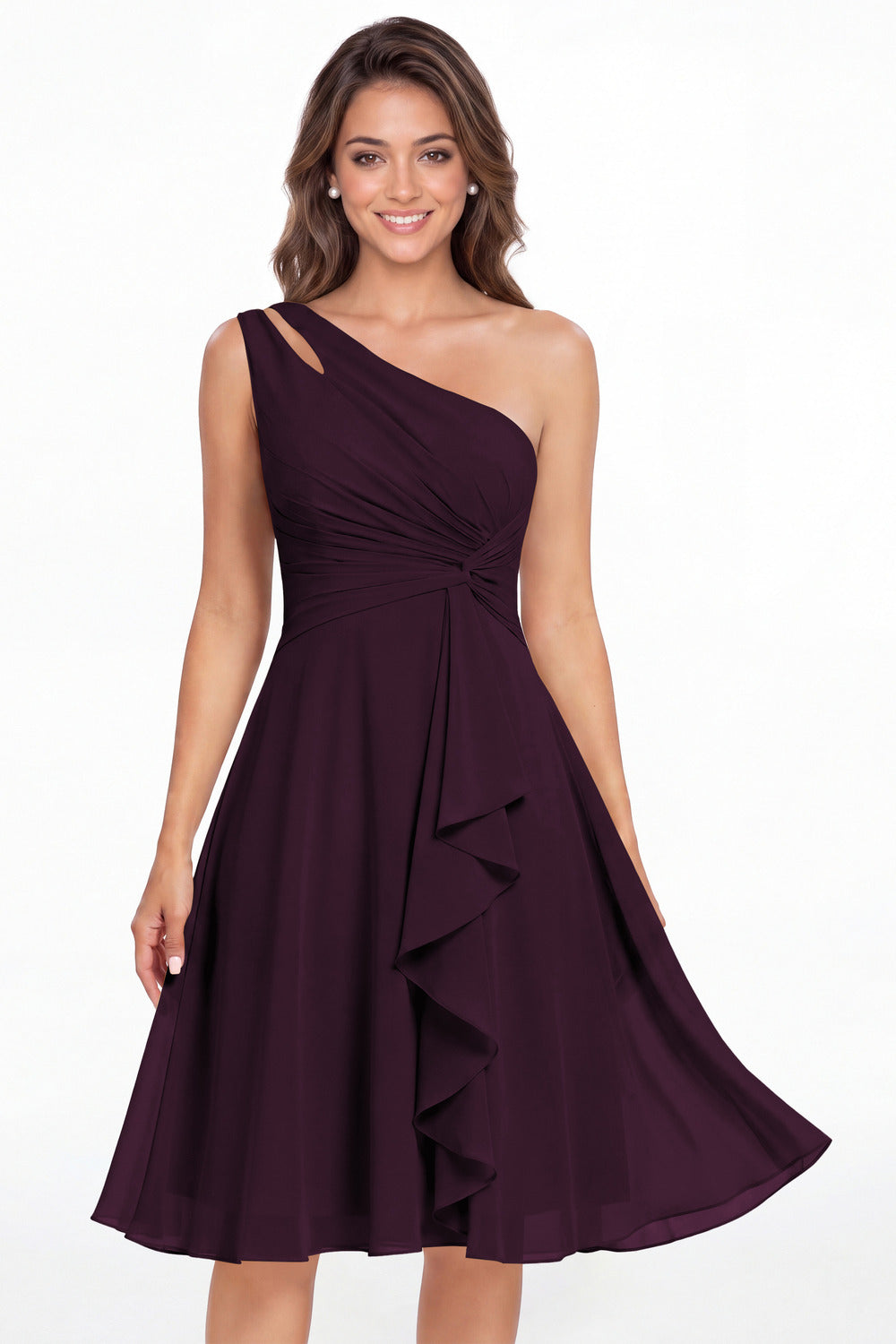 Plum One Shoulder Chiffon Ruched Ruffle Midi Dress - Front View
