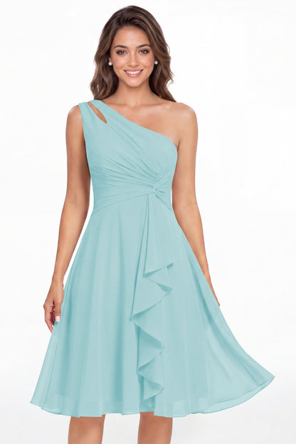 Powder Blue One Shoulder Chiffon Ruched Ruffle Midi Dress - Front View