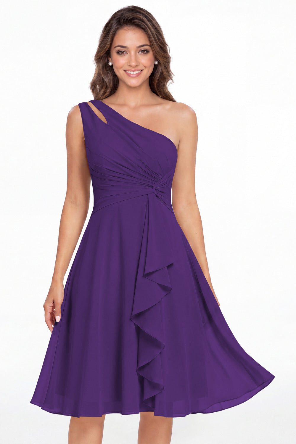 Purple One Shoulder Chiffon Ruched Ruffle Midi Dress - Front View