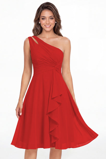 Red One Shoulder Chiffon Ruched Ruffle Midi Dress - Front View