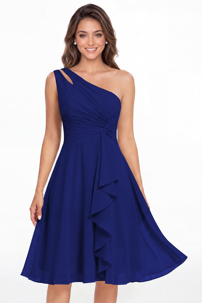 Royal Blue One Shoulder Chiffon Ruched Ruffle Midi Dress - Front View