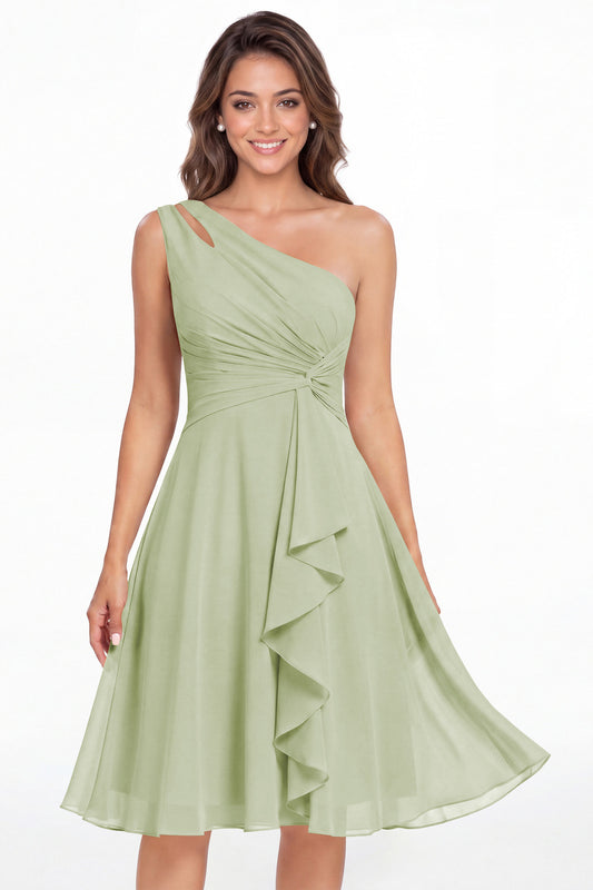 Sage Green One Shoulder Chiffon Ruched Ruffle Midi Dress - Front View