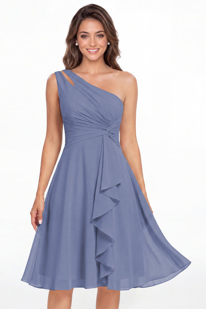 Steel Blue One Shoulder Chiffon Ruched Ruffle Midi Dress - Front View