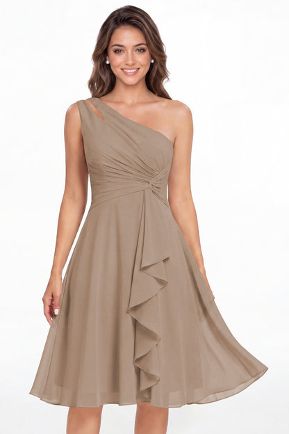 Taupe One Shoulder Chiffon Ruched Ruffle Midi Dress - Front View