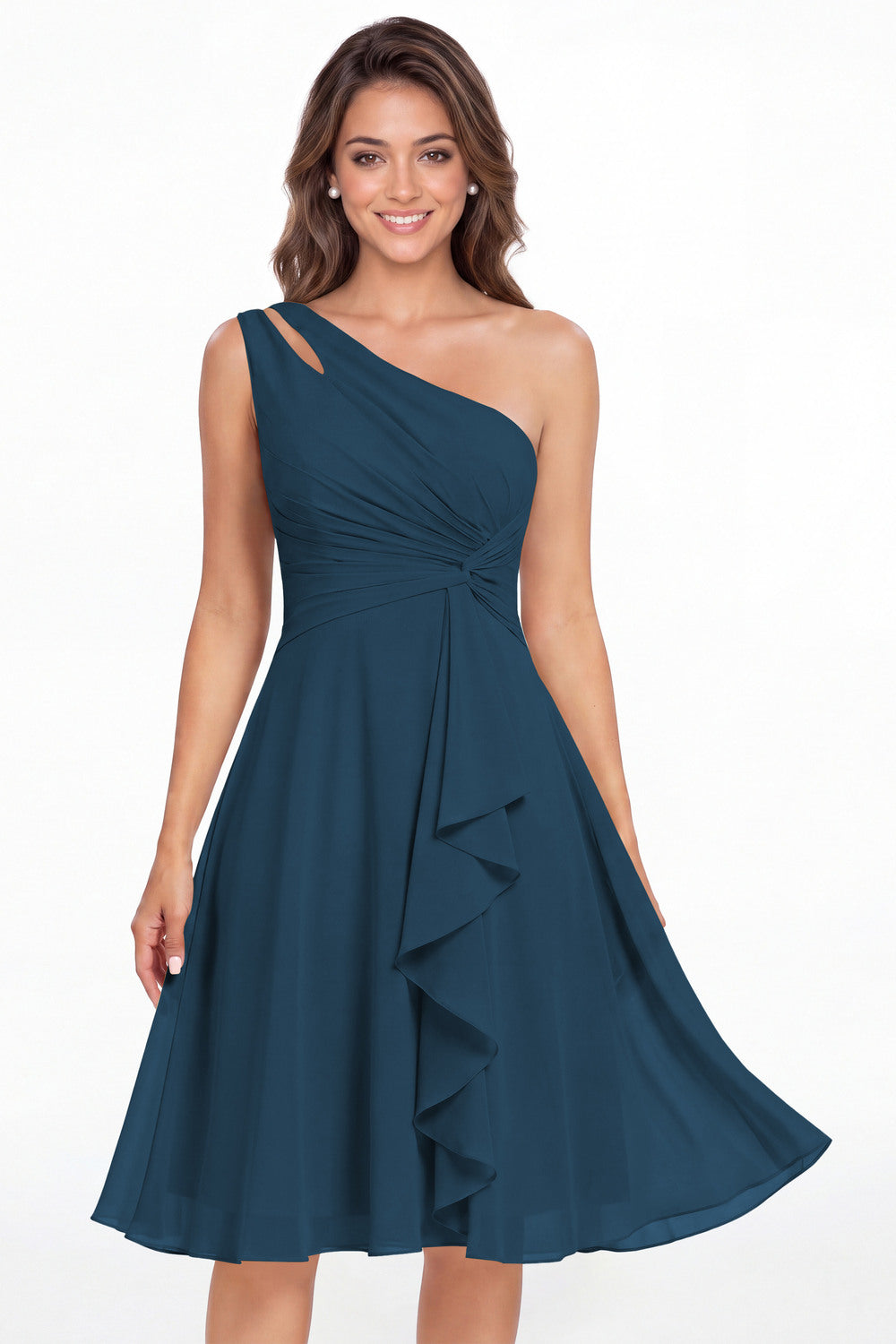 Teal One Shoulder Chiffon Ruched Ruffle Midi Dress - Front View