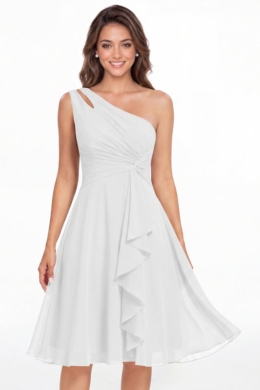 White One Shoulder Chiffon Ruched Ruffle Midi Dress - Front View