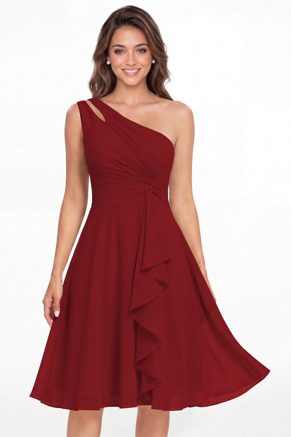 Wine Red One Shoulder Chiffon Ruched Ruffle Midi Dress - Front View