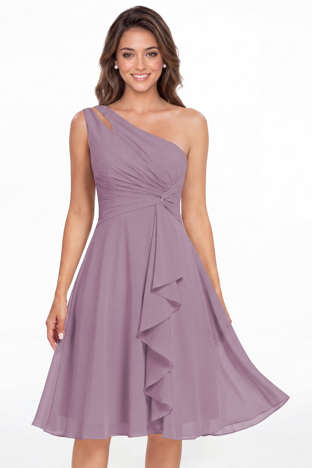 Wisteria One Shoulder Chiffon Ruched Ruffle Midi Dress - Front View