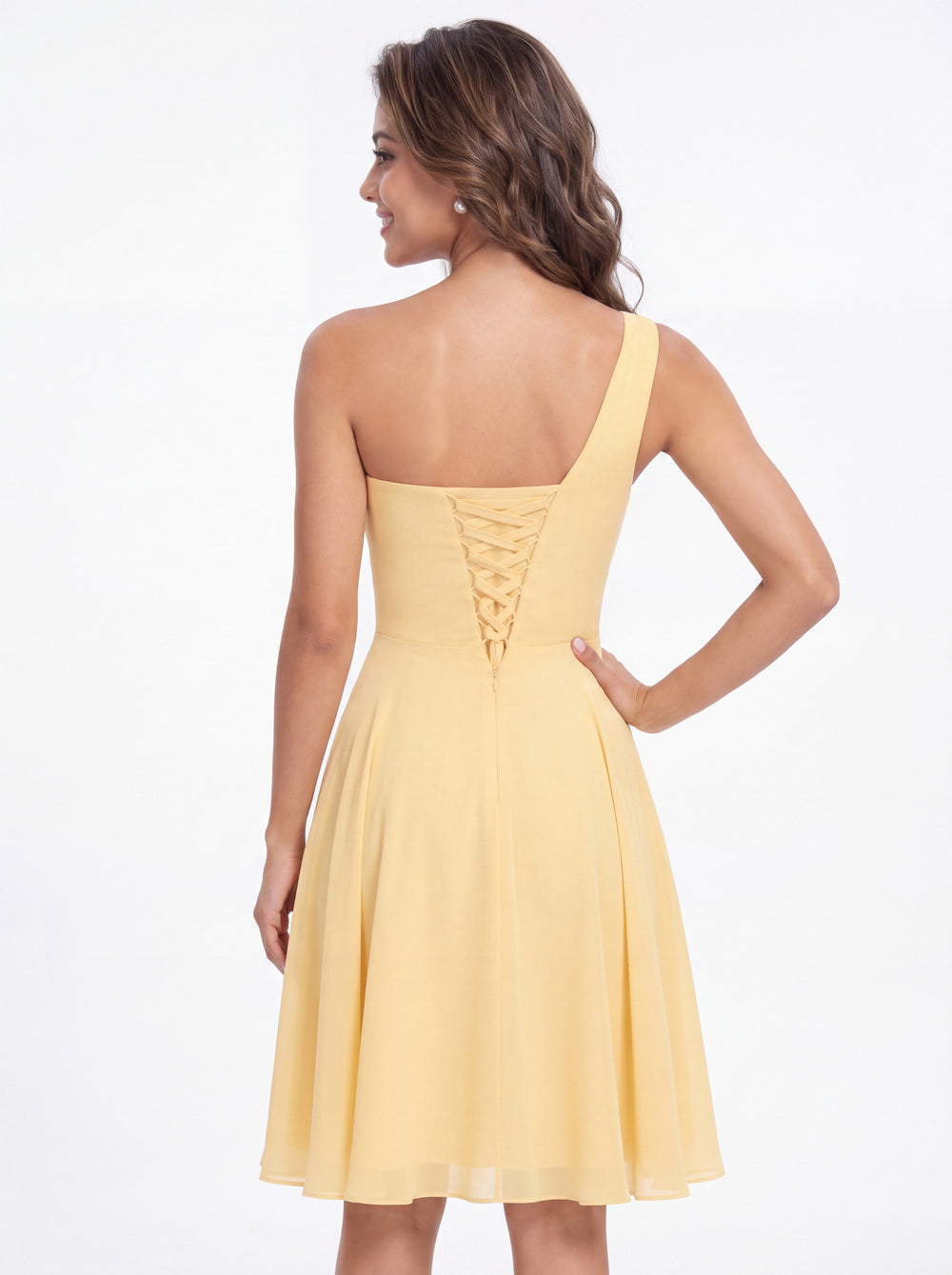 One Shoulder Chiffon Ruched Ruffle Midi Dress - Back View