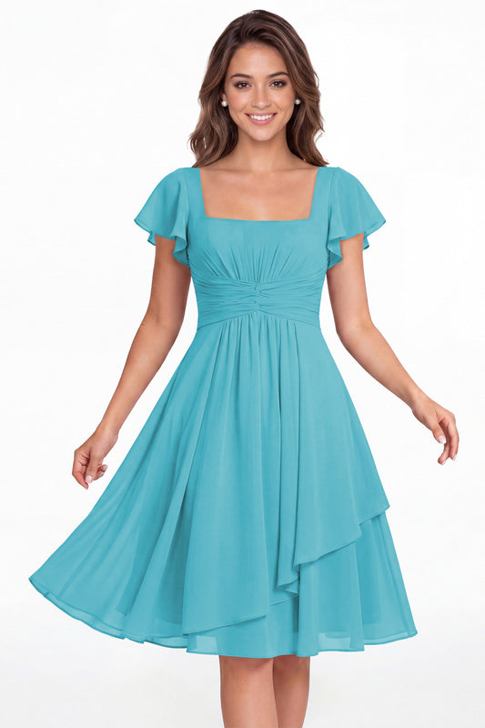 Aqua Blue Square Neck Flutter Sleeve Chiffon Ruched Midi Dress - Front View