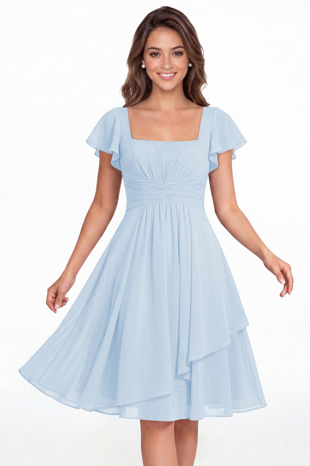 Baby Blue Square Neck Flutter Sleeve Chiffon Ruched Midi Dress - Front View