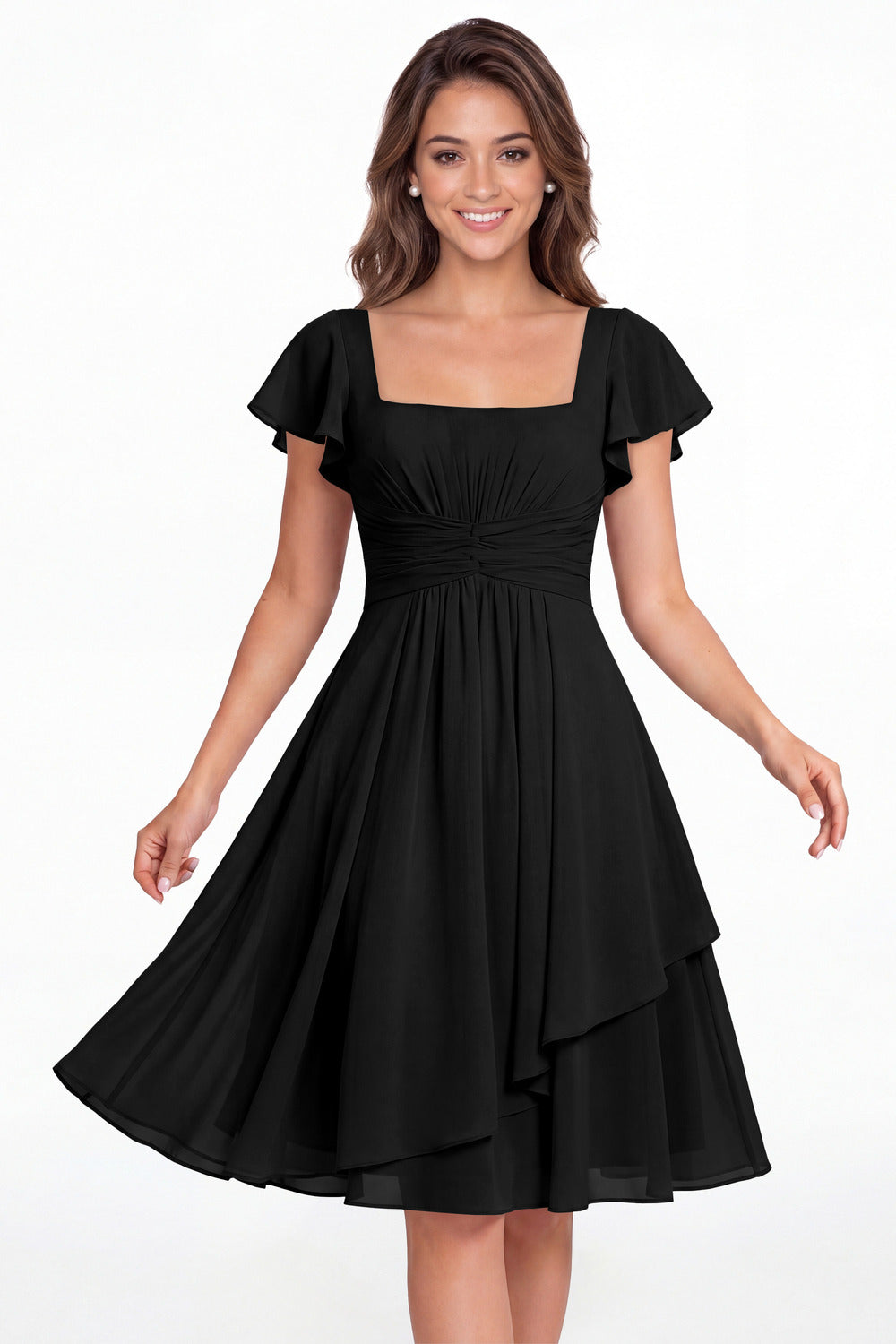 Black Square Neck Flutter Sleeve Chiffon Ruched Midi Dress - Front View