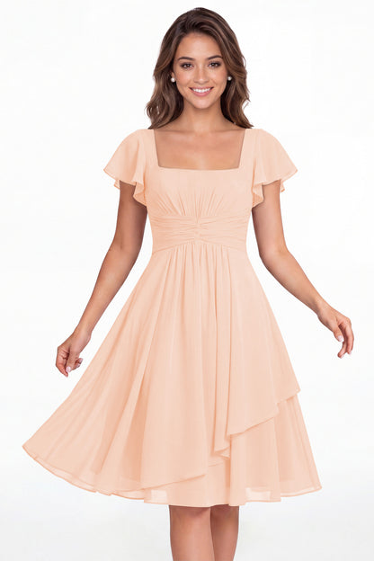 Blush Pink Square Neck Flutter Sleeve Chiffon Ruched Midi Dress - Front View