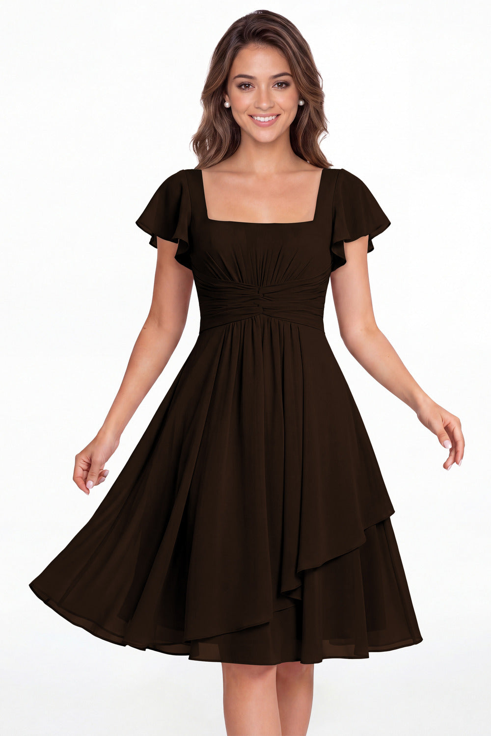 Brown Square Neck Flutter Sleeve Chiffon Ruched Midi Dress - Front View