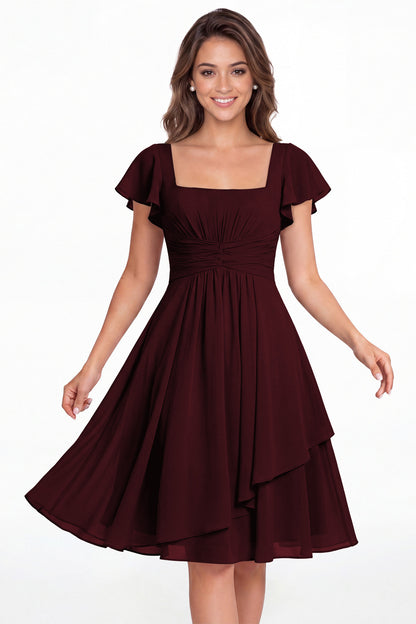 Burgundy Square Neck Flutter Sleeve Chiffon Ruched Midi Dress - Front View