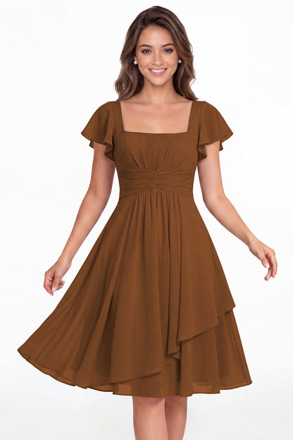 Burnt Orange Square Neck Flutter Sleeve Chiffon Ruched Midi Dress - Front View
