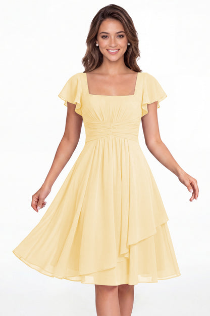 Butter Yellow Square Neck Flutter Sleeve Chiffon Ruched Midi Dress - Front View