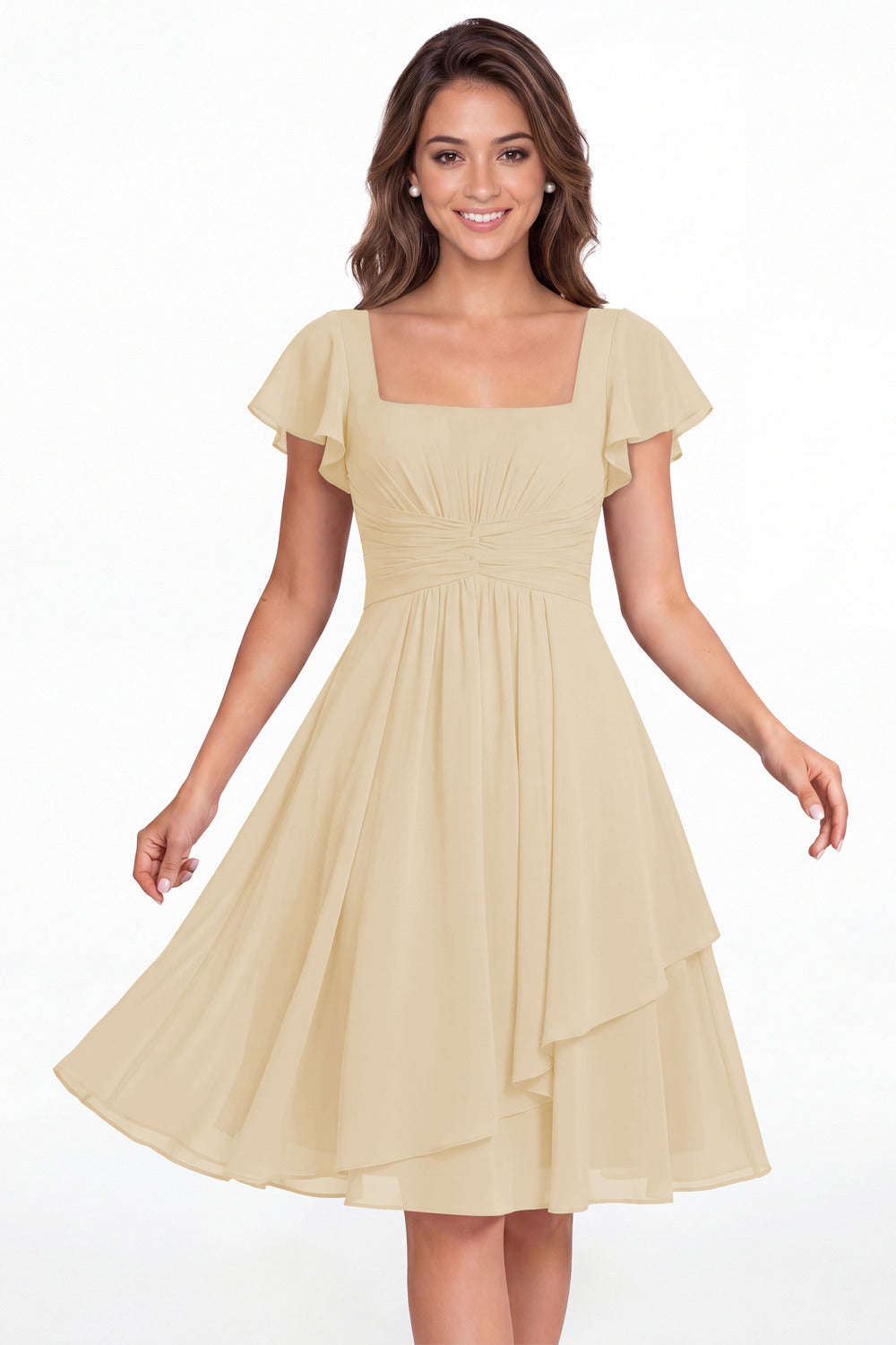 Champagne Square Neck Flutter Sleeve Chiffon Ruched Midi Dress - Front View