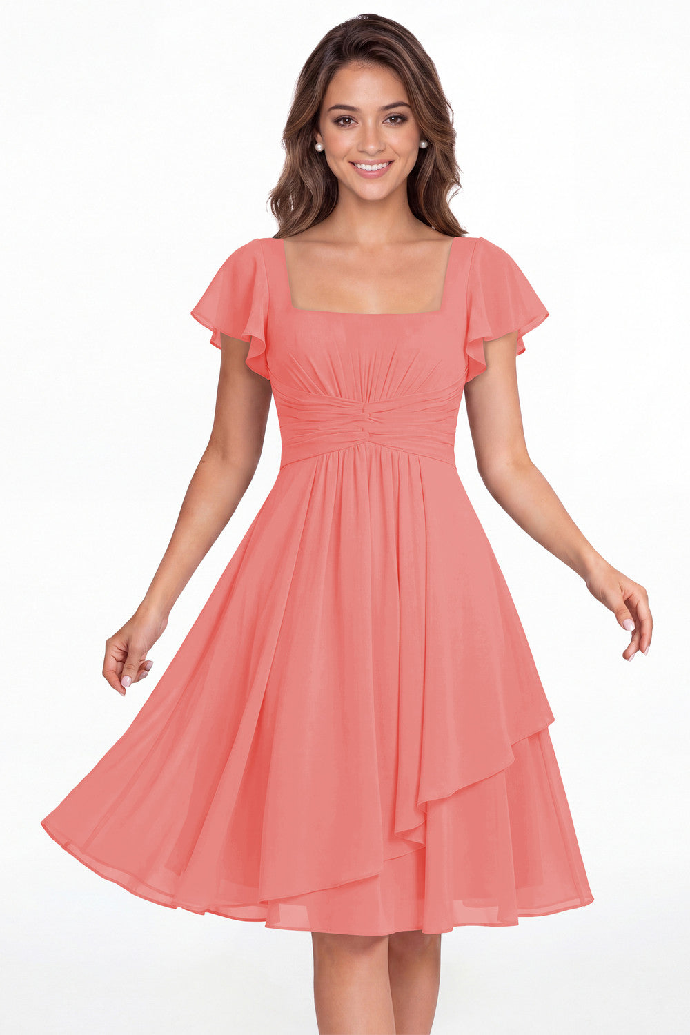 Coral Square Neck Flutter Sleeve Chiffon Ruched Midi Dress - Front View